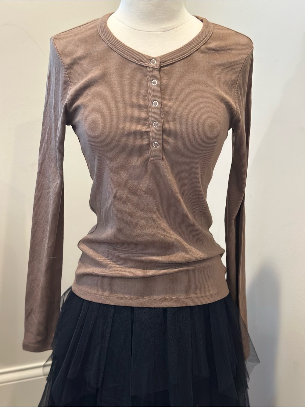 Sundry Ribbed Long Sleeve Henley Top Brown Micro Modal Made USA Size M